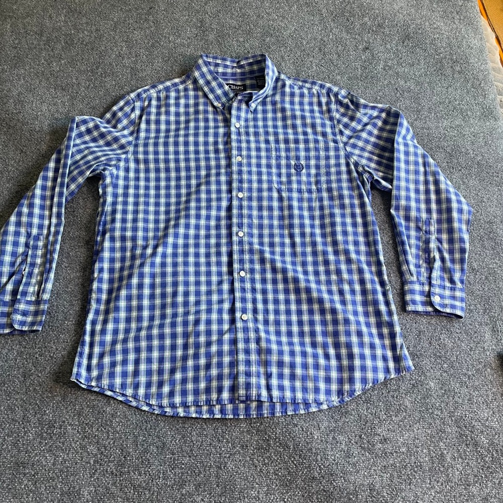Chaps Mens XL Blue White Plaid Easy‎ Care Button Down Shirt Long Slv Crest Logo